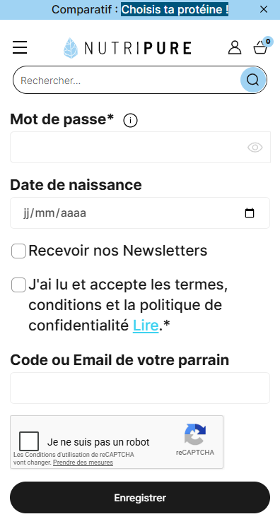 Capture d'écran montrant où entrer le code de parrainage Nutripure lors de l'inscription