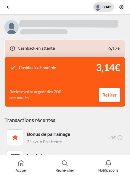 Capture d'écran de ma cagnotte iGraal personnelle avec un gain validé