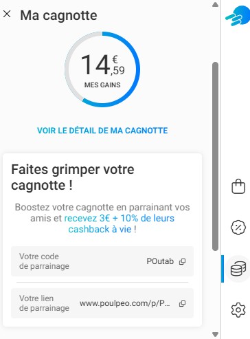 Capture de la cagnotte Poulpeo personnelle avec gains cashback validés et en attente