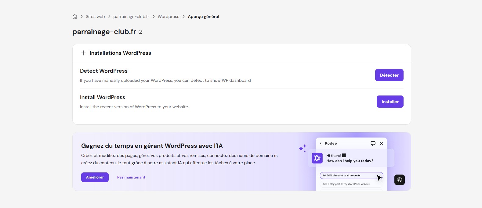 Interface d'installation automatique et détection WordPress sur le hPanel de Hostinger