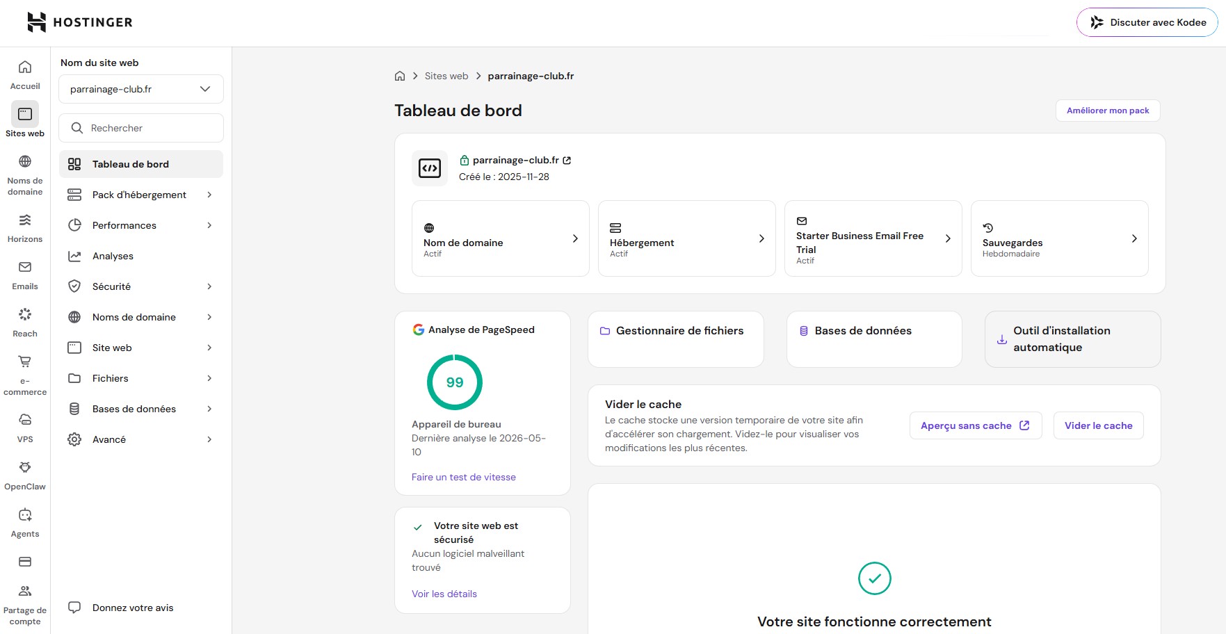 Le panneau de configuration hPanel de Hostinger utilisé par Parrainage-Club
