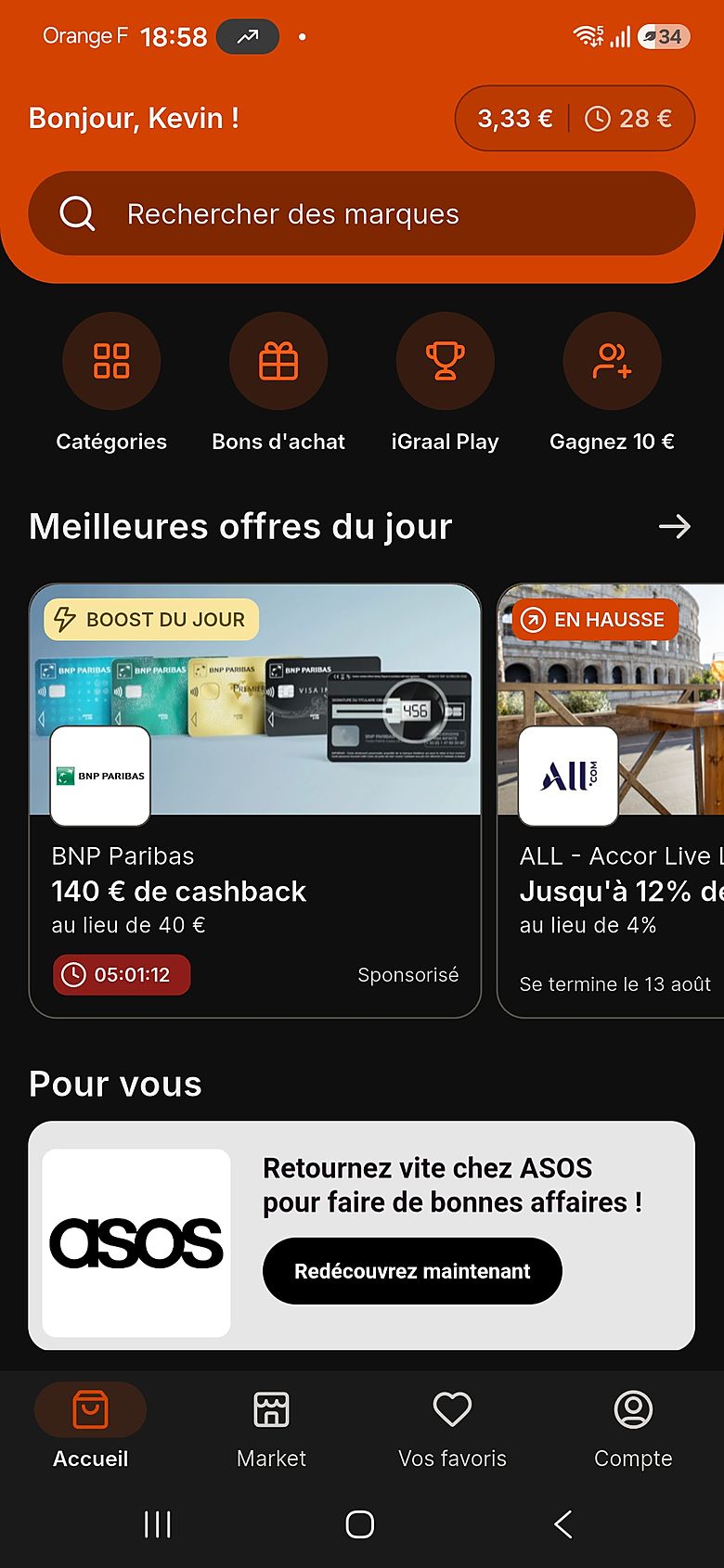 Écran d'accueil de l'application mobile iGraal avec le solde de cashback