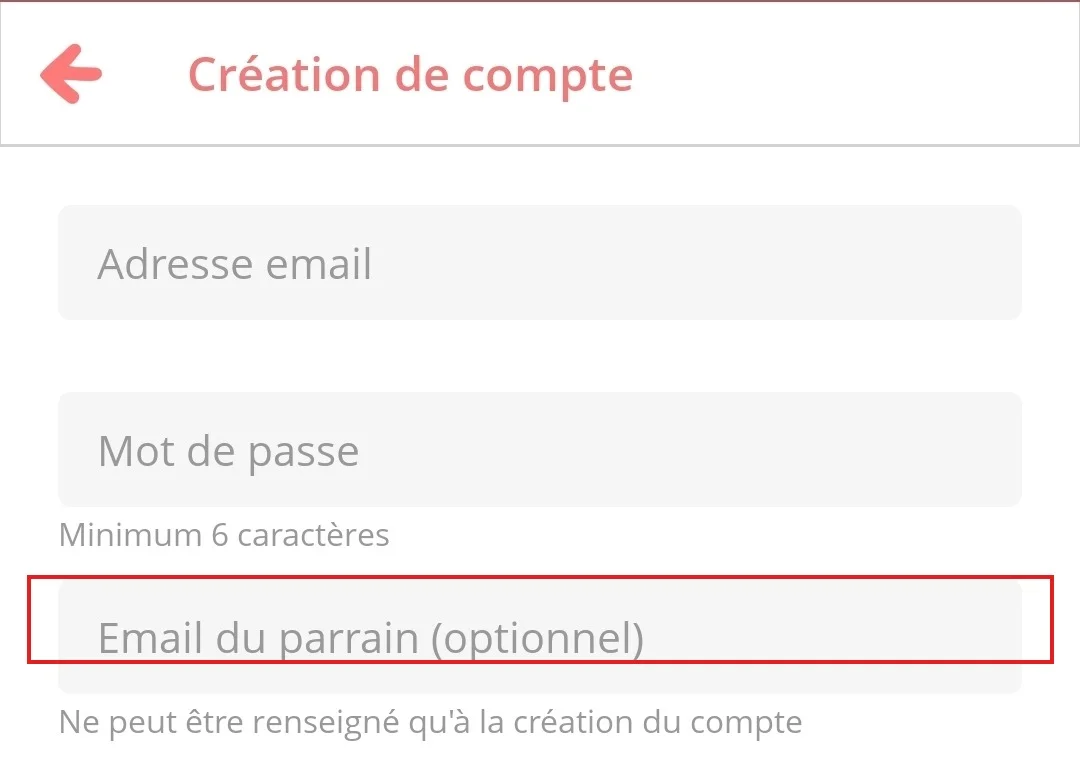 Capture d'écran du formulaire de création de compte La Belle Vie, avec le champ Email du parrain (optionnel) entouré en rouge