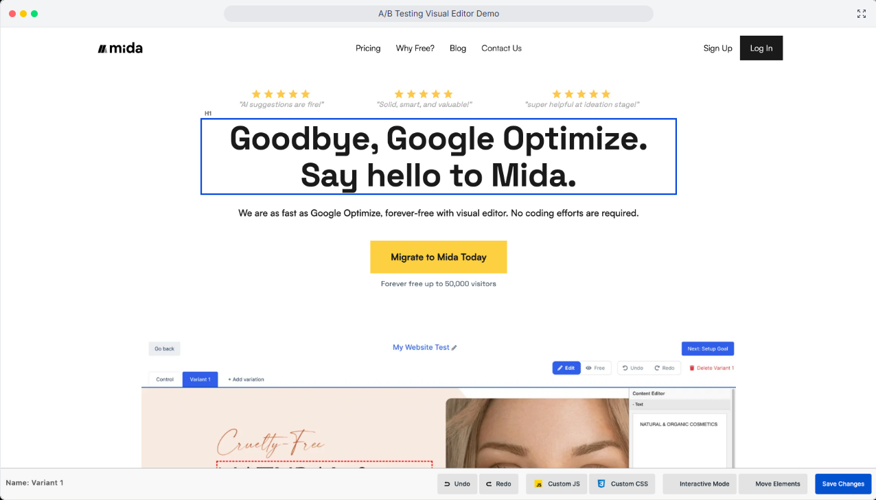 Interface de l'éditeur visuel WYSIWYG de Mida.so pour l'A/B testing sans code