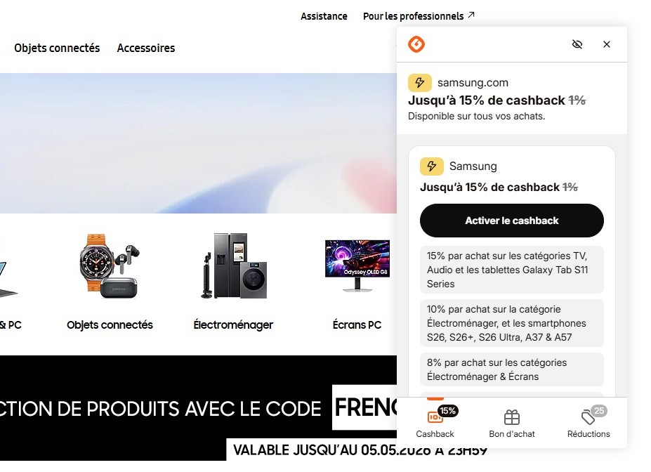 Extension iGraal activée sur navigateur : exemple de boost de cashback à 15%