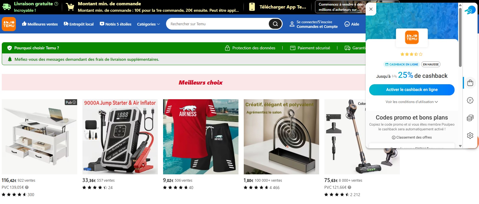 Extension Chrome Poulpeo sur Temu : cashback boosté de 1% à 25% grâce au statut Poulpeo+
