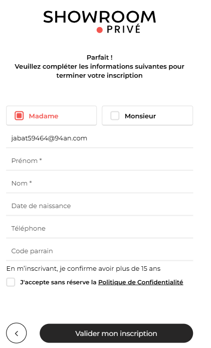 Champ Code parrain lors de l'inscription Showroomprivé